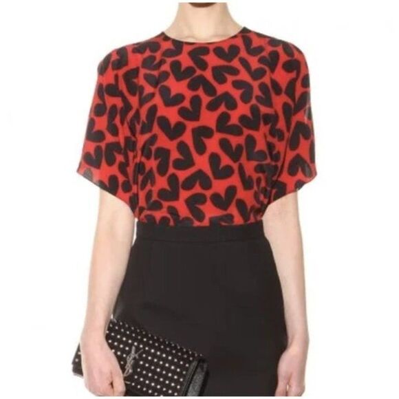 YVES SAINT LAURENT Blouse 6 Womens Hearts Black Red Short Sleeves Cinched Waist - Picture 2 of 11